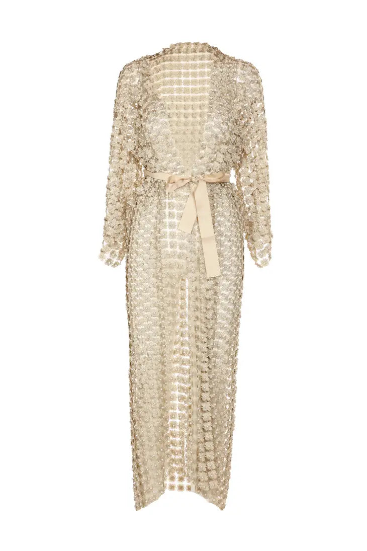 Flower Mesh With Pearl Beads Kimono - Gold