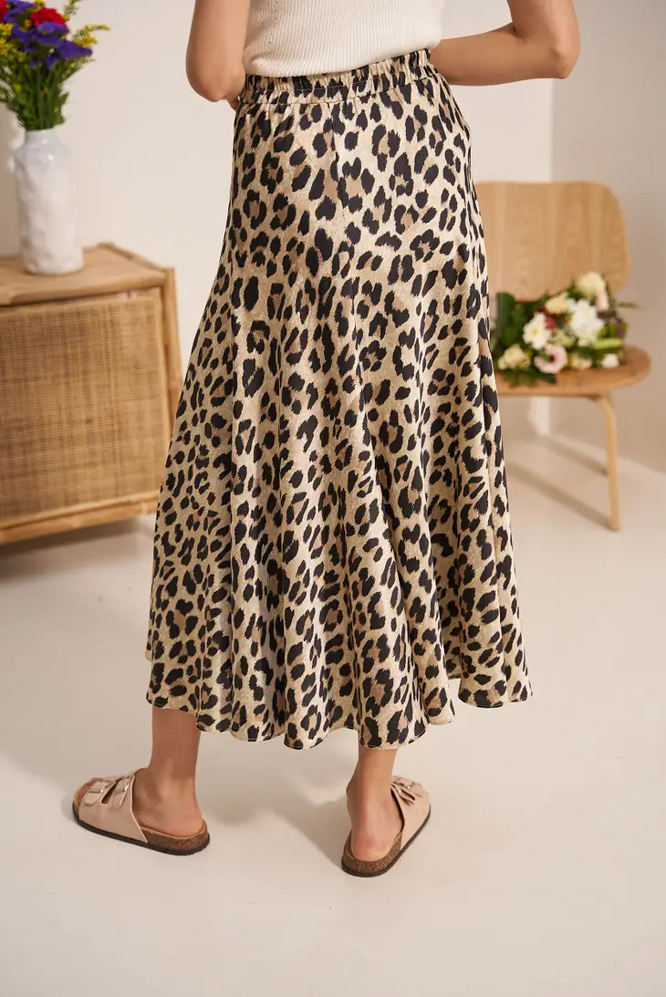 Leopard Satin Midi Skirt