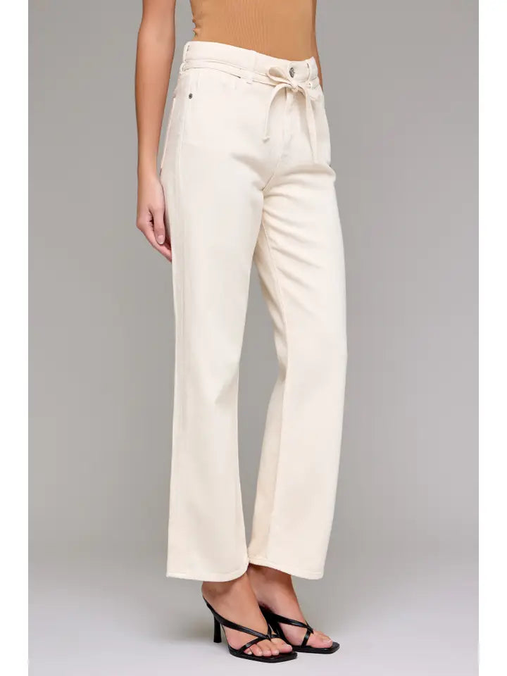 Ella Ecru Wash Tie Waist Clean Wide Straight