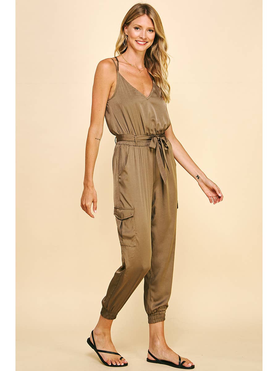 Alice Sleeveless Satin Jumpsuit - Olive