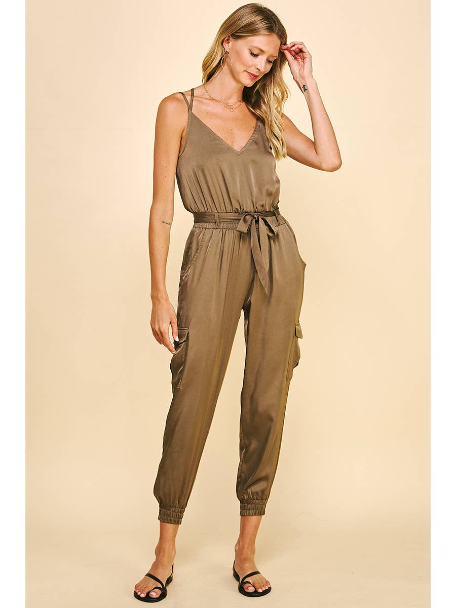 Alice Sleeveless Satin Jumpsuit - Olive
